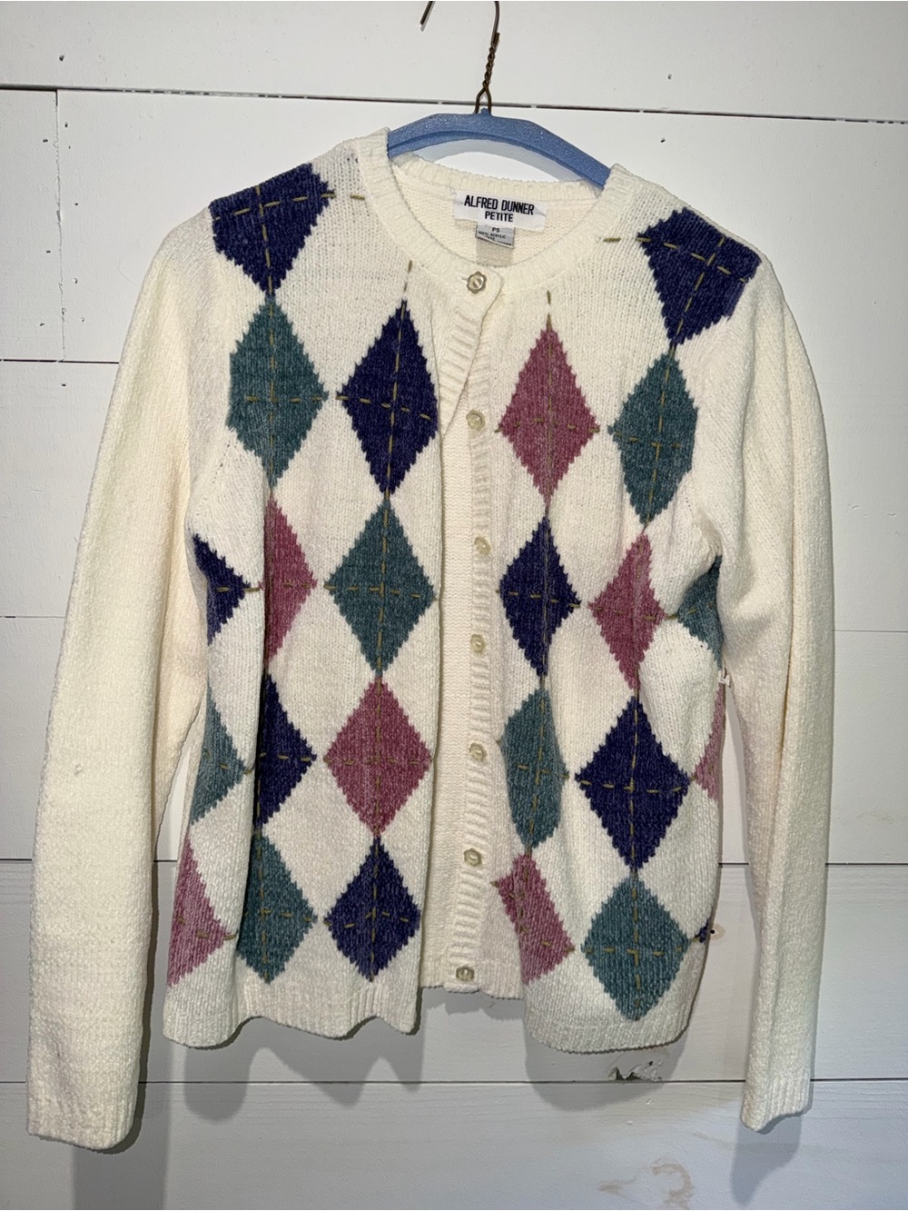 Alfred Dunner Petite Argyle Cardigan Sweater PS Ivory Button Front Vintage